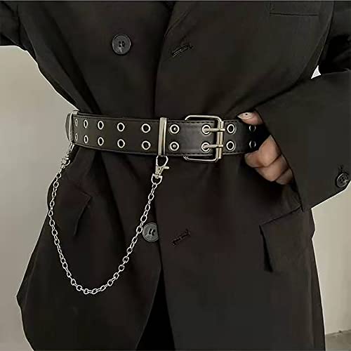 Double-Grommet-Belt For Women - Pu-Leather Punk Waist-Belts With Detachable Chain With Punk-Rock-Chain Double-Prong-Leather-Belt For Womens Double Grommet Belt Eyelet Belts With Chain Black #TOP2
