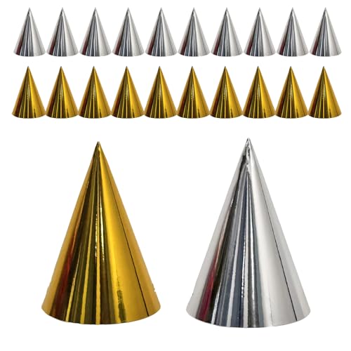 Bodeshis 20 Piece Party Hats, Gold and Silver 16cm Birthday Party Hats, Festive Celebration Cone Hats For Birthday Parties, Themed Costume Parties and Photo Props