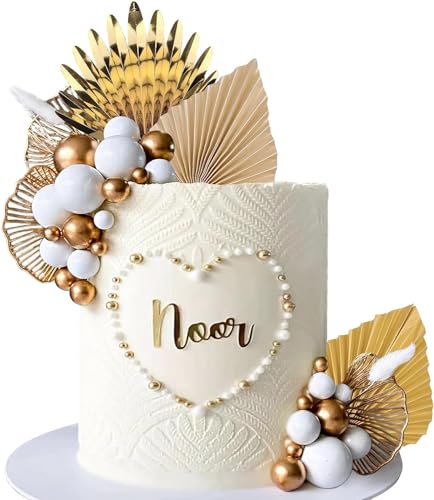 Morofme Champagne Rose Cake Decoration Gold Boho CakeTopper White Golden Ball Palm Leave Apricot Cake Decor Bohemian Balloon Cake Cupcake Topper for Gold Boho Theme Wedding Baby Shower Birthday Party