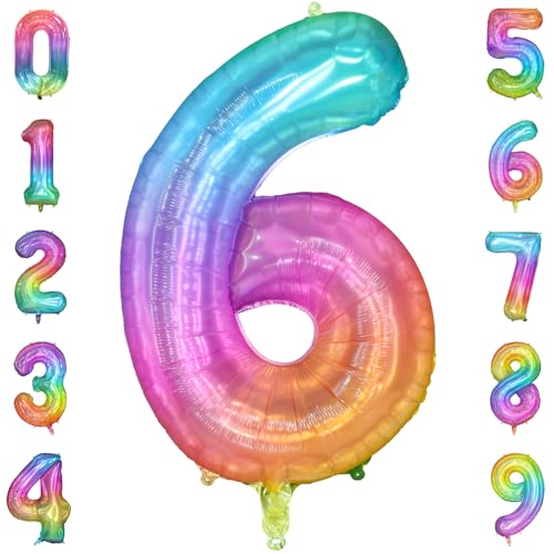 PatiCool Rainbow Number 6 Balloon, 40 Inch Large Number Foil Mylar Balloons for 6th Girl Boy Birthday Party Celebration Decorations Supplies, Digital Balloons for Wedding Anniversary Events Decora