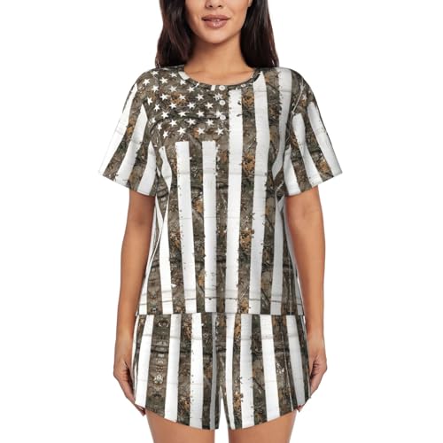 Pyjama 2 pièces court femme à imprimé camouflage et drapeau américain décontracté