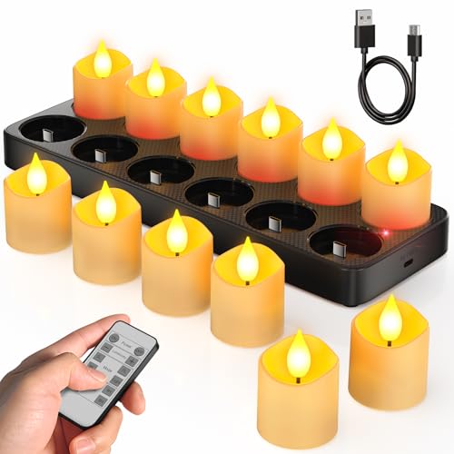 SoulBay Flameless Candles with Remote Timer & Charging Base, 12pcs USB Rechargeable Battery Flickering LED Small Votives Lights for Table Dinner Weddings Holidays General Decor, No Battery Required