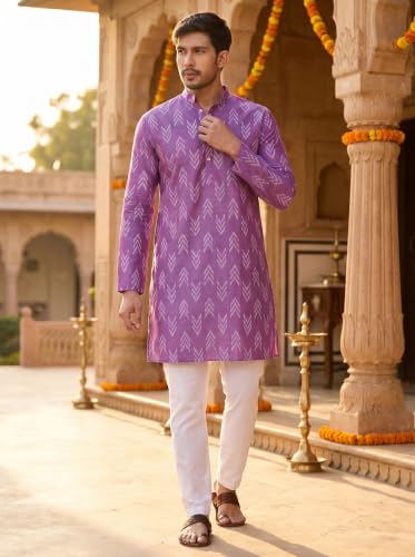 Image of Studio Shringaar Men's Cotton Blend Relaxed Fit Ikat Printed Knee Length Kurta