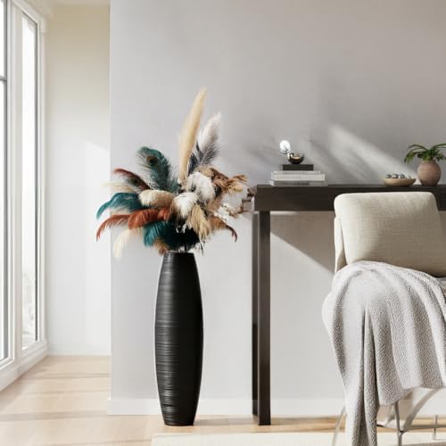 Image of Tall Floor Vase, 27.5 inches (70cm, 2.3FT) Floor Vase Sturdy, Luxury, Textured for Decorative Branches Dried Flowers, Tall Vases for Rustic Living Room, Home Decor, Resin Black Vases