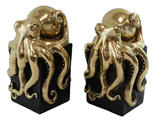 Ebros Contemporary Gold Color Octopus Light Duty Bookends Statue Set Nautical Coastal Resin Decorative Office Study-Room Library Desktop Decor Figurines (Black Base) #TOP6