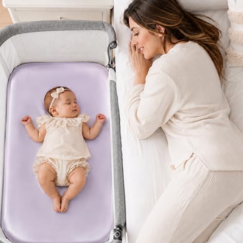 Image of Satin Bedside Bassinet Sheet, Great for Baby Hair, Soft Silk Feeling Sheet for Rectangle Cradle Bassinet Mattress Pad, for Girls Gift Newborn and Infant(Purple)