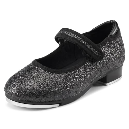Stelle Tap Shoes for Girls Boys PU Leather Non-Slip Dance Shoes for Toddler/Little Kid/Big Kid(Black Giltter 9MT)