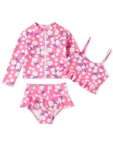 Image of DREAM BUS Toddler Girls Long Sleeve Swimsuit 3 Piece Rashguard Set with Bikini Top Baby Girls Bathing Suit Swimwear