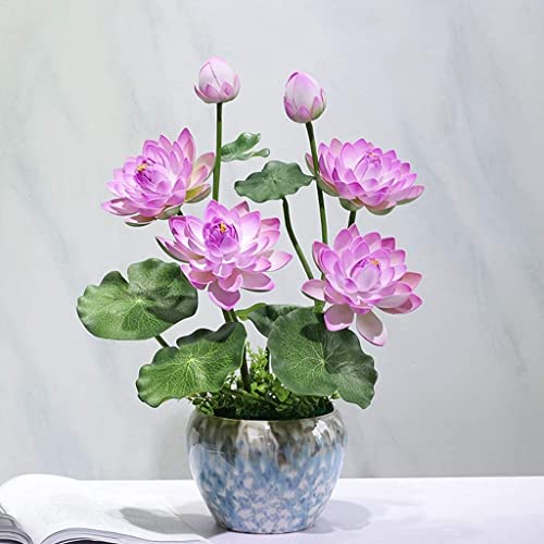 Juego de flores artificiales, flores artificiales con maceta, flor artificial de loto en jarrón, flores falsas en maceta para sala de estar, bonsái, hermosas flores artificiales y jarrones Hap