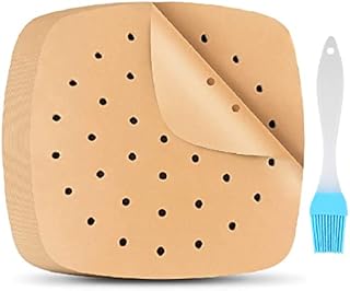 VIKKI Air Fryer Liners, 8.5 Inch Square 100 Pcs Non-Stick Parchment Paper Steamer Liners Perforated Food Grade Disposable Baking for Oven Bamboo Frying Pan (Free Oil Brush)