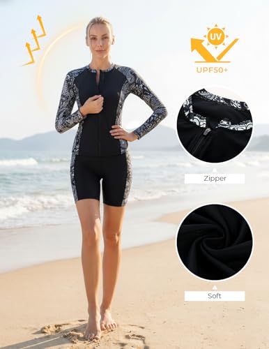 Image of JACK SMITH Women's 3 Piece Long Sleeve Rash Guard Swimsuits Zip Front Bathing Suit Tankini Swimsuits UPF 50