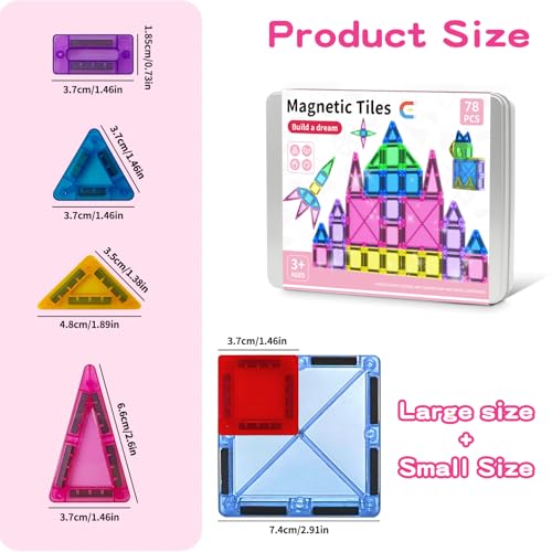 78PCS Magnetic Tiles Mini Travel Kids Set, Learning Sensory Toys,Preschool Classroom Magnetic Blocks Building Kids Toys & Games, for 3-8 Year Boys Girls Birthday Gift