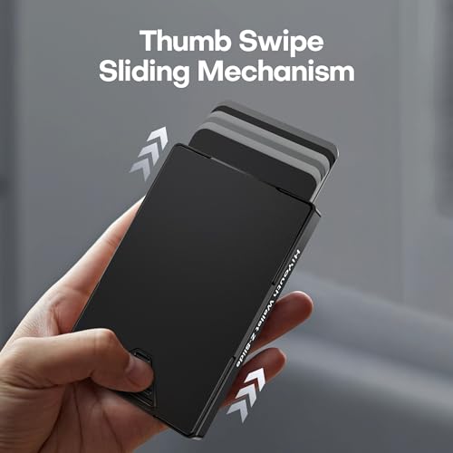 Minimalist Pop Up Wallet For Men Thumb Swipe - Credit Card Holder Wallet With Money Pocket Add-On - Small Mens Slim Wallet Metal Aluminum RFID Blocking, 6-7 Cards/Bills, Mens Gifts,Black2