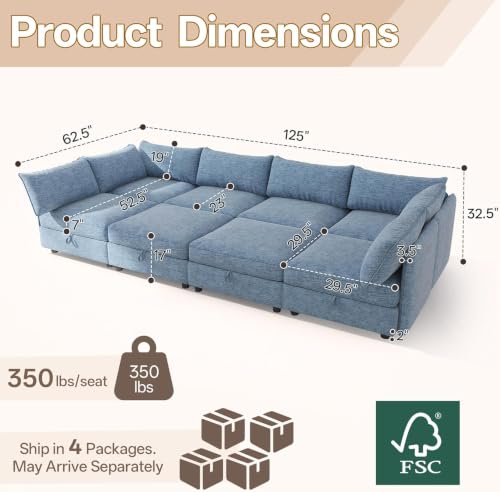 Image of 125 inch 8 Seat Modular Sectional Sleeper Sofa, Chenille Modern Modular Sofa Bed Hidden Storage, Convertible L&U Shaped Sleeper Couch with Ottoman, Couches for Living Room, Blue