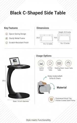 Image of Modern C-Shaped Side Table for Sofa & Bed | Black Laptop Snack Table | Space-Saving Couch Side End Table for Living Room Bedroom | Portable Coffee Table for Home Office (C Black)