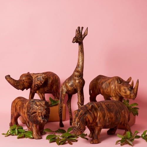 Large Wood Animal Sculptures Set for Room Decor, Giraffe, Hippo, ...