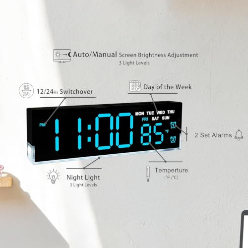 Image of DRUCILA 7-Inch LED Digital Alarm Clock with Bottom Glow Light|Displays Time, Date, Day, Temperature|Dual Alarms, DST, Manual 3-Level Brightness, USB Powered Desk Clock,Blue fornt and White case Cover