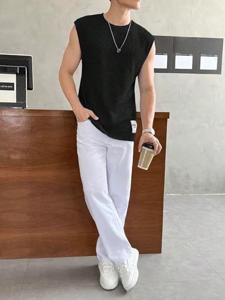 Image of Men's Waffle Sleeveless Tank Top Round Neck Polycotton T-Shirt for Gym, Running and Outdoor