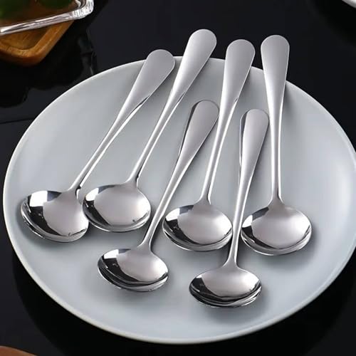 Image of Stainless Steel Soup Spoon Set for Home Kitchen, Silver, Set of 6