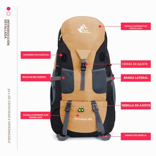 Miniatura 6 de Bseash 50l Mochila De Senderismo Ligera Y Resistente Al Agua, Mochila De Deporte Al Aire Libre, Bolsa De Viaje Para Escalar, Acampar, Viajar