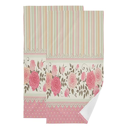 Shustary 2 Pack Vintage Pink Rose Hand Towels For Bathroom,Microfiber Soft Absorbent Spring Blossom Floral Polka Dots Stripes Kitchen Dish Towels Decorative Bath Hand Towel For Face,Gym,Spa 14"X28" #TOP5
