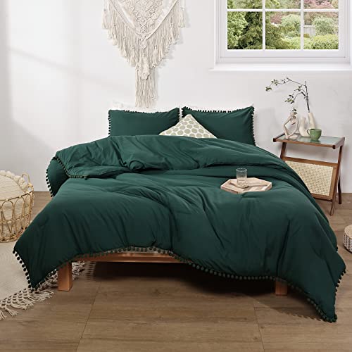 Smoofy Pom Fringe Comforter Set Queen Size Emerald Green Boho Chic Cute Ball Pom Bedding Set Cali Soft Warm Vintage Lightweight Solid Comforter 3 Pieces (1 Pom Comforter, 2 Pillowcases) #TOP4