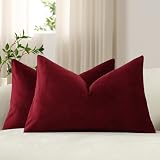 DEZENE Lumbar Pillow Covers 12x20 Wine Red: Pack of 2 Cozy Soft Velvet Rectangular Modern Luxury Decorative Throw Pillow Cases for Christmas Sofa Couch Living Room Bed Home Decor