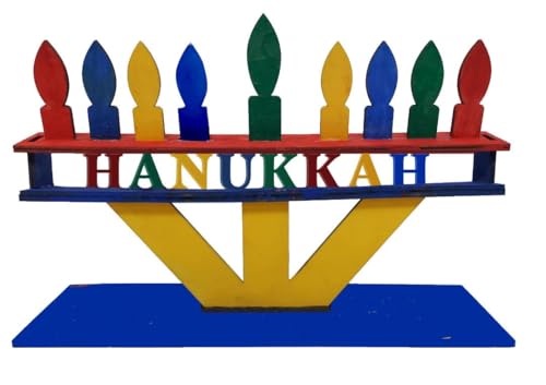 DIY Hanukkah Menorah Kit with Colorful Candle, 9 Candles for Children of All Ages Paint and Glue Included. Mesures When asambled 12" Wide and 8" Tall 3.5" deep.