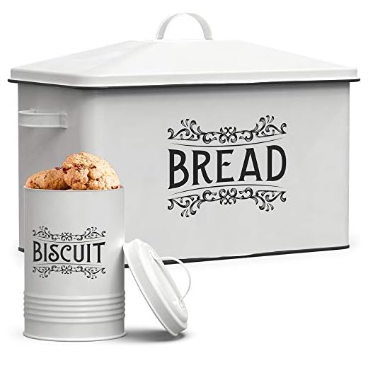 NOOK & FORK Farmhouse Bread Box - XL Size Bread Storage Container with Matching Biscuit Tin in White Metal - Bread Boxes For Kitchen Counter Extra Large (Vintage Design)