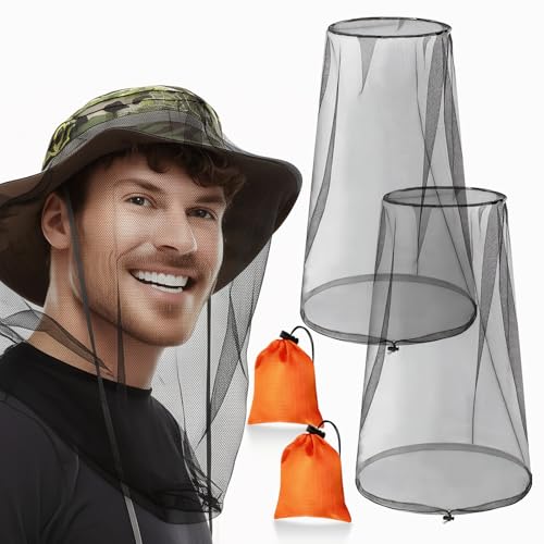 GuoluvSoo 2 Pack Mosquito Head Nets with Drawstring - Ultra Large & Extra Long, Premium Breathable Bug Net for Head, Universal Fit for Hats, Mosquito Net Hat for Hiking, Camping, Fishing, Gardening