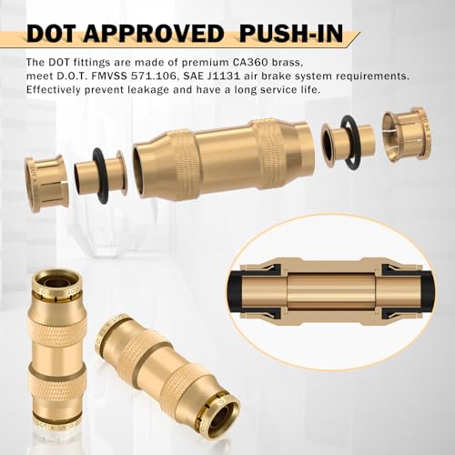 Image of CheeMuii 23 PCS Brass DOT Air Line Fittings Kit 1 /4 3 /8 1 /2 DOT Quick Connect Air Fittings Straight Union Push to Connect Air Hose Fittings for Semi Truck Trailers Air Brake System