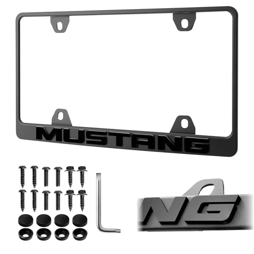 UNIQNOVATE 3D Raised Letter License Frame Black Powder Coat UV Resistant Rust-Proof Steel Plate Holder Compatible with Mustang V6 GT