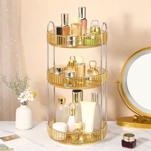 Image of JD FRESH 360 Degree Rotating Makeup Organizer 3 Layer Cosmetic Storage Box Vanity Stand with Drawers for Lipsticks Skincare Perfume Bathroom Countertop Dressing Table Organizer (Light Gold)