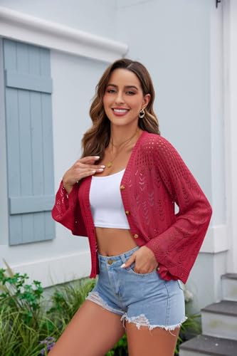 Cropped Cardigan Sweaters for Women Flared Long Sleeve Crochet Knit Shrug Open Front V-Neck Button up Tops2