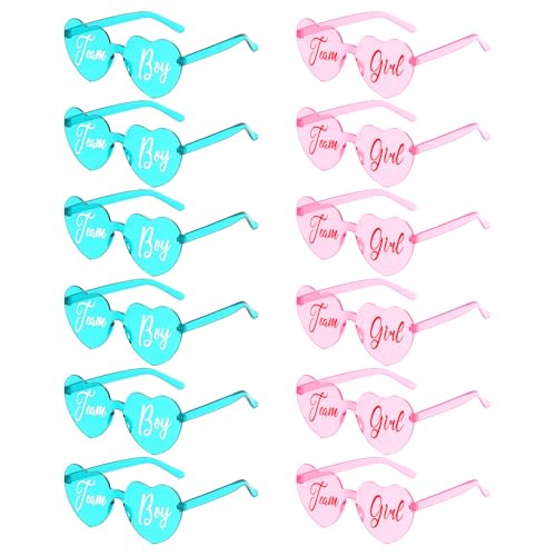 12 Pcs Gender Reveal Glasses Blue Pink Heart Sunglasses Bulk Team Boy or Girl Gender Reveal Party Favors Decor Glasses