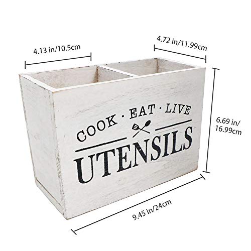 Karisky Solid Wood Kitchen Utensil Holder with 2 Compartments, Large Rustic Farmhouse Utensil Set for Countertop 9.45 x 6.69 x 4.72 Inch, White