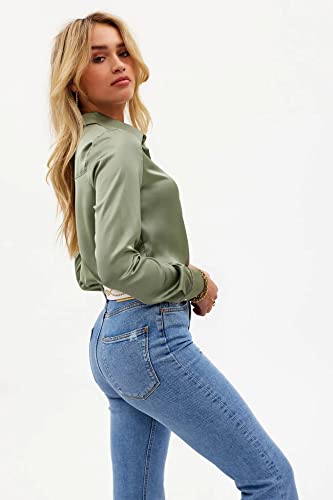 Pausus Satin Button Down Shirts for Women Long Sleeve Slim Fit Office Blouses Casual Business Silk Tops with Pocket S-XXL3