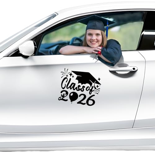 Image of 2xClass of 2026 Car Sticker&Graduation Hat Sticker Removable Graduate Decal Car Sticker 8 inchx 7.1 inch Waterproof Vinyl Decals Arts & Crafts for Graduation Party Decor (Black)