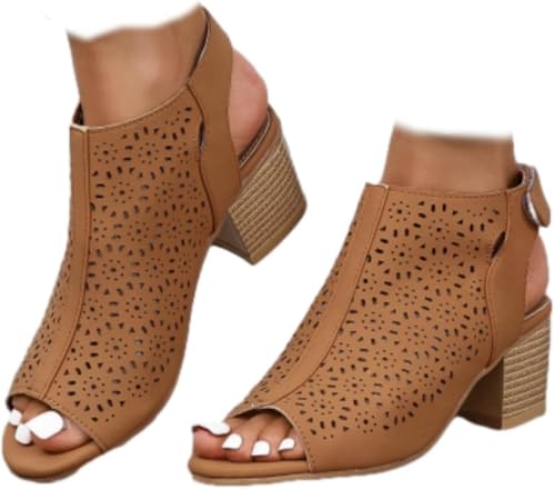 Ladies Cut Out Peep Toe Sandals Slingback Chunky Stacked Heel Ankle Booties Shoes Ankle Strap Low Heel Dress Pumps Sandals