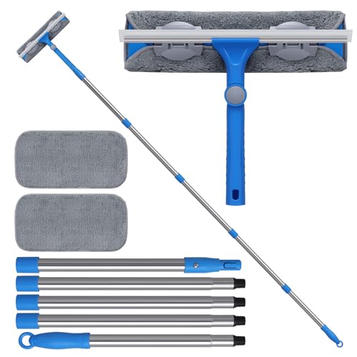 Mitclear 2 en 1 Limpiacristales con Mango Extensible(206cm), Limpiador con Escobilla de Silicona y Paño de Microfibra, Kit Profesional de Limpieza de Ventanas para Ducha Cristal Espejo Puerta Coche