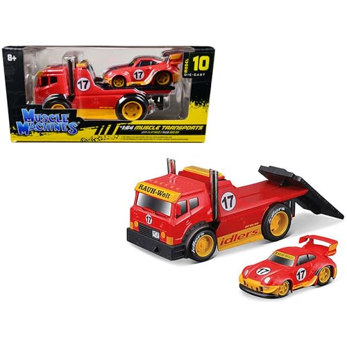 Muscle Machines JDM Flatbed Truck #17 Red RAUH-Welt BEGRIFF and Porsche RWB 911 993#17 Red Muscle Transports Series 1/64 Diecast Model Cars
