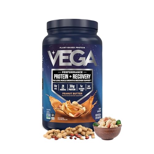 Vega Sport Vegan Protein Powder + Recovery - 30g Plant Based Protein per Serving, Peanut Butter, 19 Servings, 5g BCAAs, Probiotics, NSF Certified, for Shakes & Smoothies, 1.8lbs (Packaging May Vary)