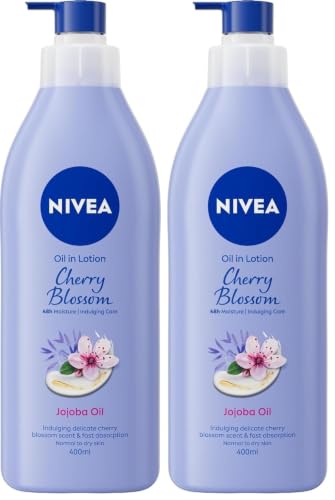 Image of NIVEA Oil In Lotion Cherry Blossom & Jojoba Oil (400ml), Replenishing Body Lotion with Floral Cherry Blossom Scent & Pampering Jojoba Oil, Long-Lasting 48H Moisturising Cream, NIVEA Body Lotion