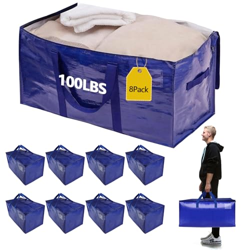 8 Pack Waterproof Moving Storage Bags, 100 lbs Extra Large Heavy Duty Totes with Reinforced Handles & Strong Zippers, Reusable Moving Box Alternative for Packing Moving Household Storage, 95L, Blue