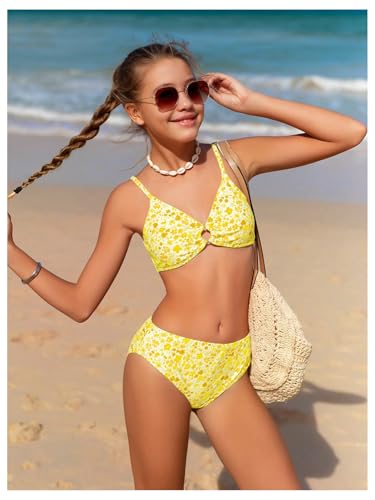 Image of OYOANGLE Girl's 3 Piece Bikini Sets Floral Print Spaghetti Straps Cute Swimsuits with Beach Skirt Bathing Suits