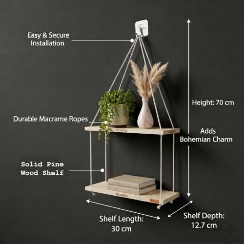 Image of No-Drill 2-Tier Wall Hanging Shelf | Elegant Boho Wall Decor for Plants and Home Decoration, Living Room, Bedroom & Balcony | Handwoven Art Piece