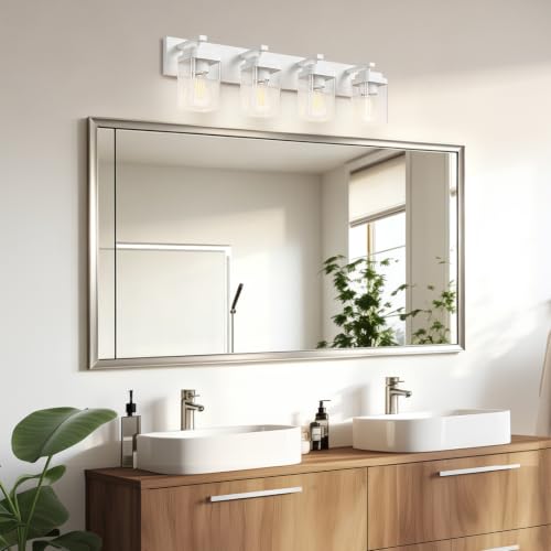 Image of White Bathroom Light Fixtures, 4 Lights Bathroom Lighting Fixtures Over Mirror, Square Design & Rectangle Large Backplate, Modern Vanity Lighting Fixtures, for Bathroom /Living Room /Bedroom
