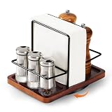Napkin Holder for Table,Rotating Wood Metal Napkin Holder with Salt and Pepper Shakers Caddy,Farmhouse Rustic Vertical Napkin Dispenser for Kitchen Dining Table Decor,Not Including Shakers