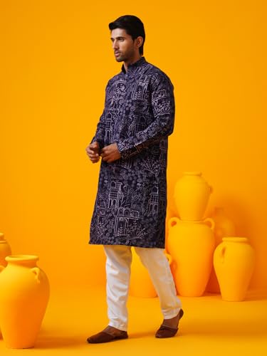 Image of SOJANYA (Since 1958 Men's Cotton Silk Kantha Thread Embroidered Kurta with White Pyjama
