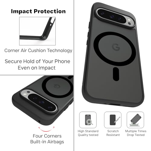 Image of RIGGEAR Shockproof Sleek Hybrid Armor Back Cover Case Compatible with MagSafe Accessories for Google Pixel 9 / Pixel 9 Pro (Smoke Black Matte PC + Black TPU Bumper)